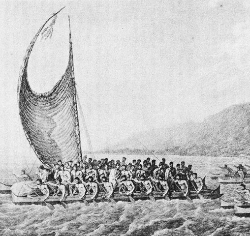Illustration of 5th Century Polynesian Natives navigating seas via canoe.