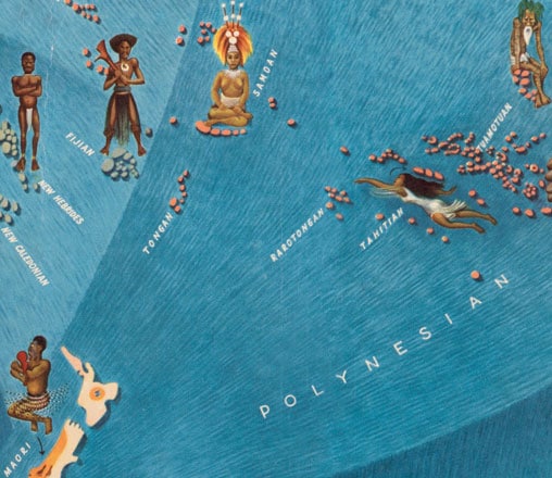 Illustrated map of the South Pacific featuring images of the islands and their indigenous peoples.