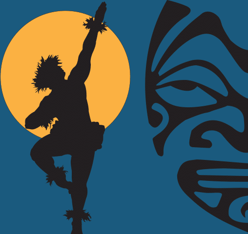 Illustration of a Polynesian male silhouette in front of a sun with a tribal face design to the right.