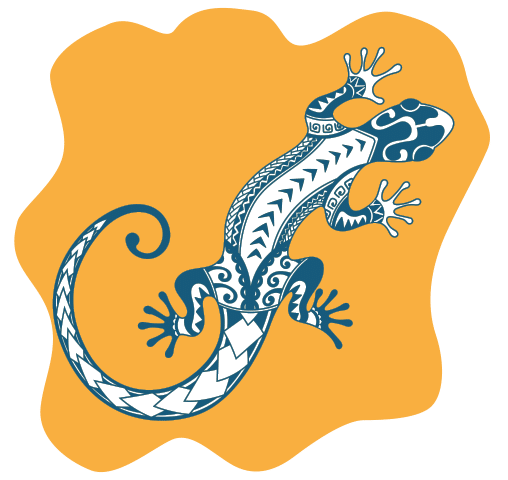 An illustrated lizard with blue tribal markings on an orange background.