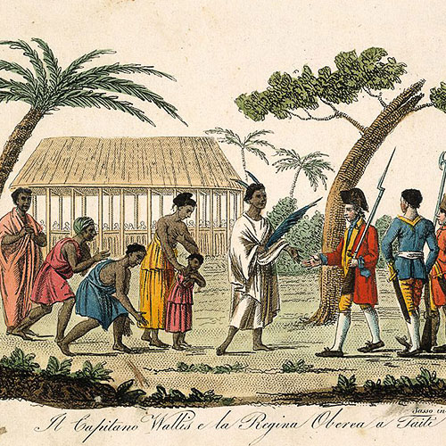Native Polynesians greeting English settlers.