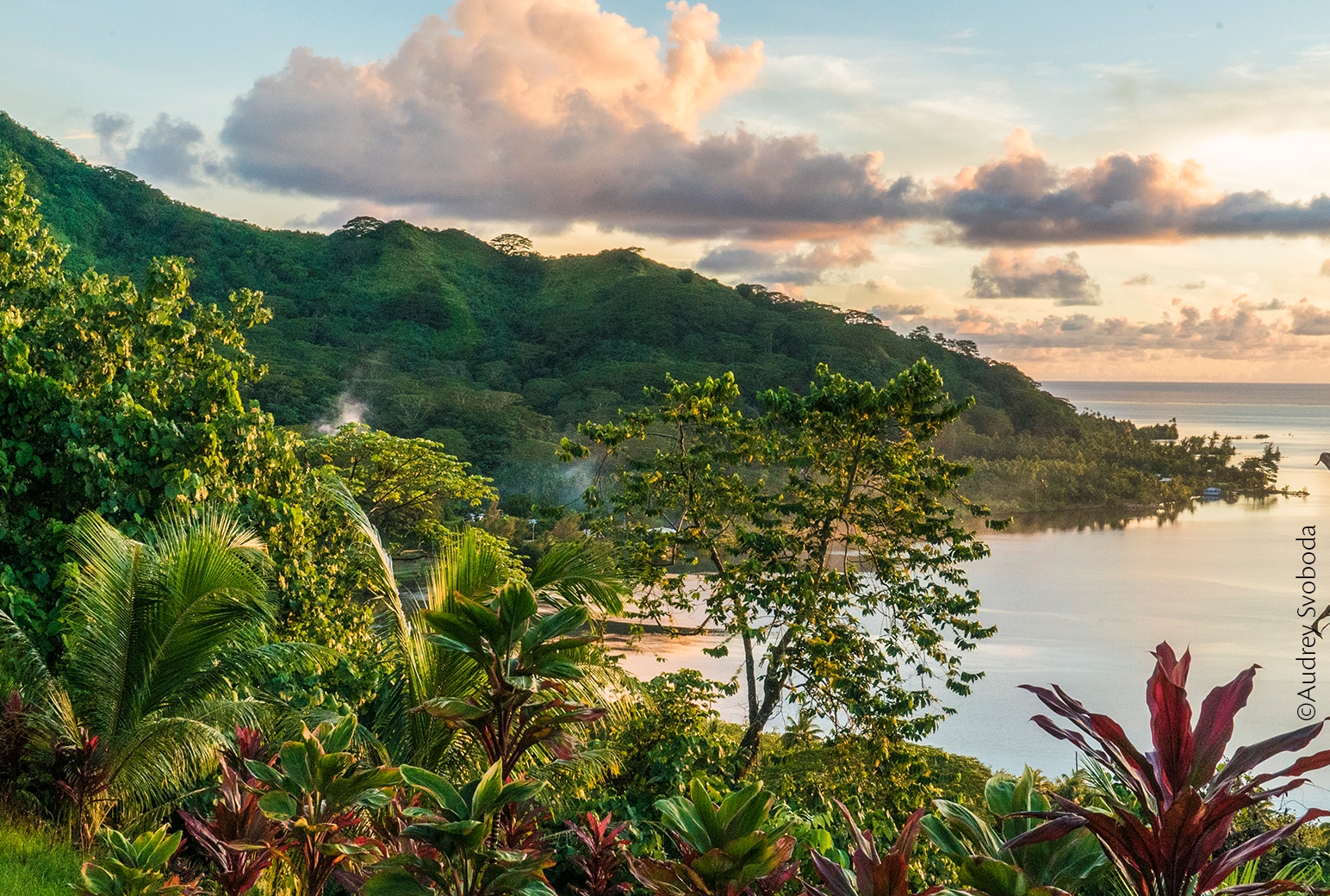 A setting sun casts a soft glow over the green rainforest, pearlescent sands, and shimmering blue waters of Raiatea.