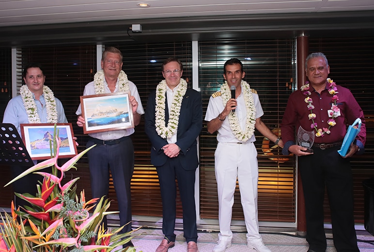 Commemorating a milestone aboard the m/s Paul Gauguin (L to R): French Polynesia Minister of Health Cédric Mercadal; High-Commissioner of the Republic in French Polynesia Eric Spitz; PONANT CEO Hervé Gastinel; Captain Michel Quioc; and, Port Commissioner Alphonse Kautai.