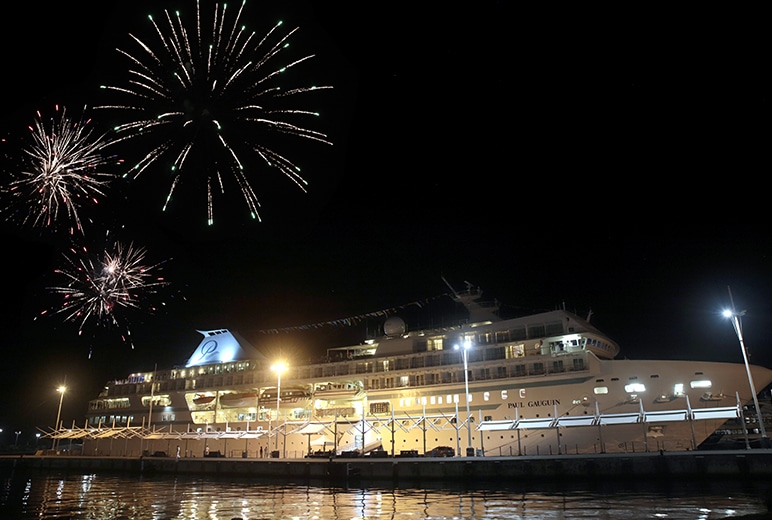 Tahiti's favorite ship, The Gauguin, is celebrated beneath crowning fireworks on a beautiful, star-lit summer night.