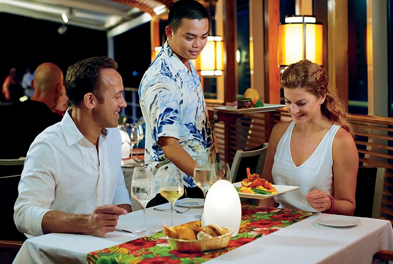 Not surprisingly, dining aboard The Gauguin draws upon the bounty of the sea with the added delicacies of French-inspired dishes and international favorites