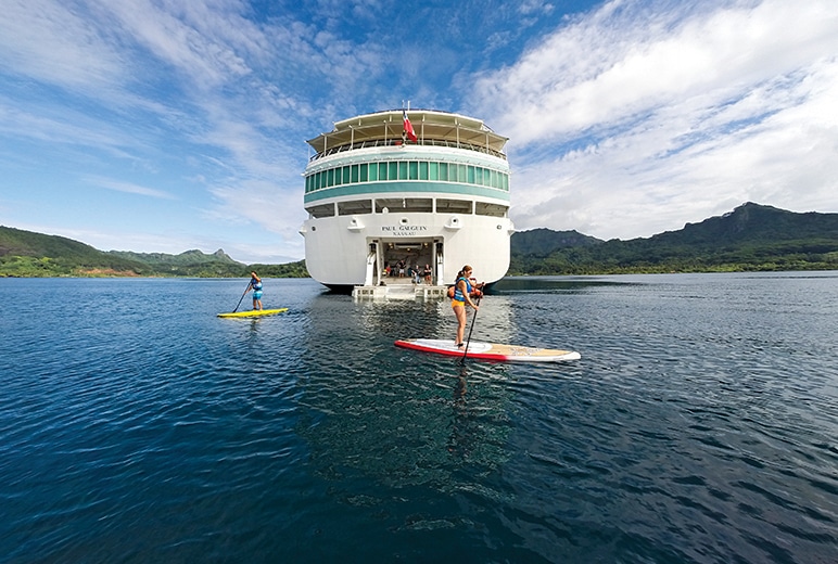 The Gauguin’s Marina opens to the sea, allowing for stand-up paddleboarding and kayaking directly from the ship