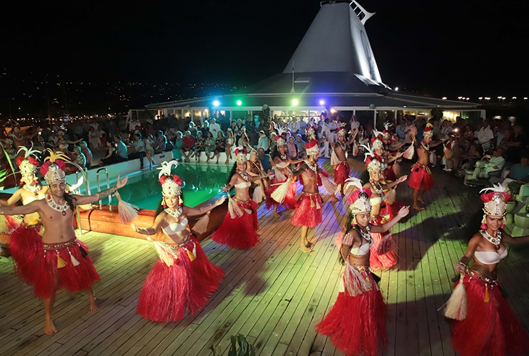 A 25th Anniversary celebratory moment aboard The Gauguin; our goal has been—and always will be—to offer guests the most enriching and revealing discoveries throughout French Polynesia.