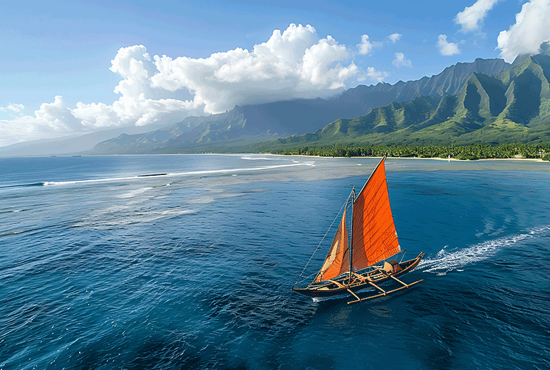 A sailboat's orange sail cuts through a backdrop of verdant mountain greens and the brilliant blues of sea and sky in Tahiti.  